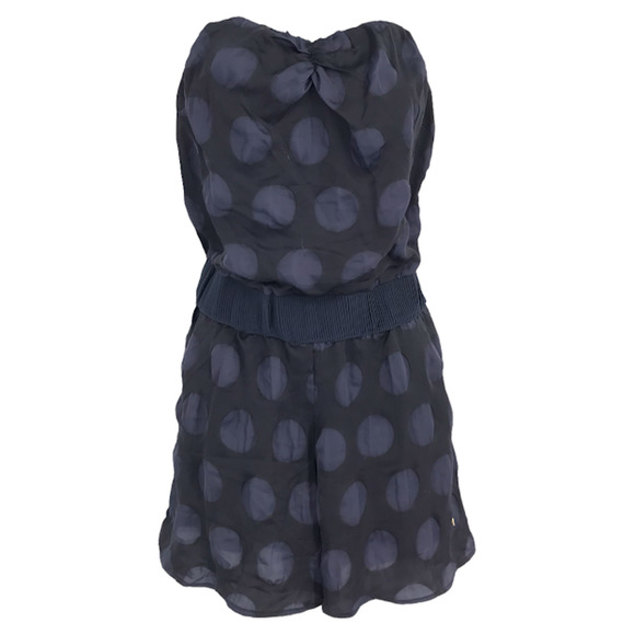 Tt Strapless Tube Romper S Polka Dot Sweetheart Elastic Waist Pockets Blue Black - Picture 1 of 4